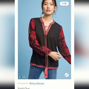 Anthropologie Maeve Black and Burgandy Embroidered Blouse